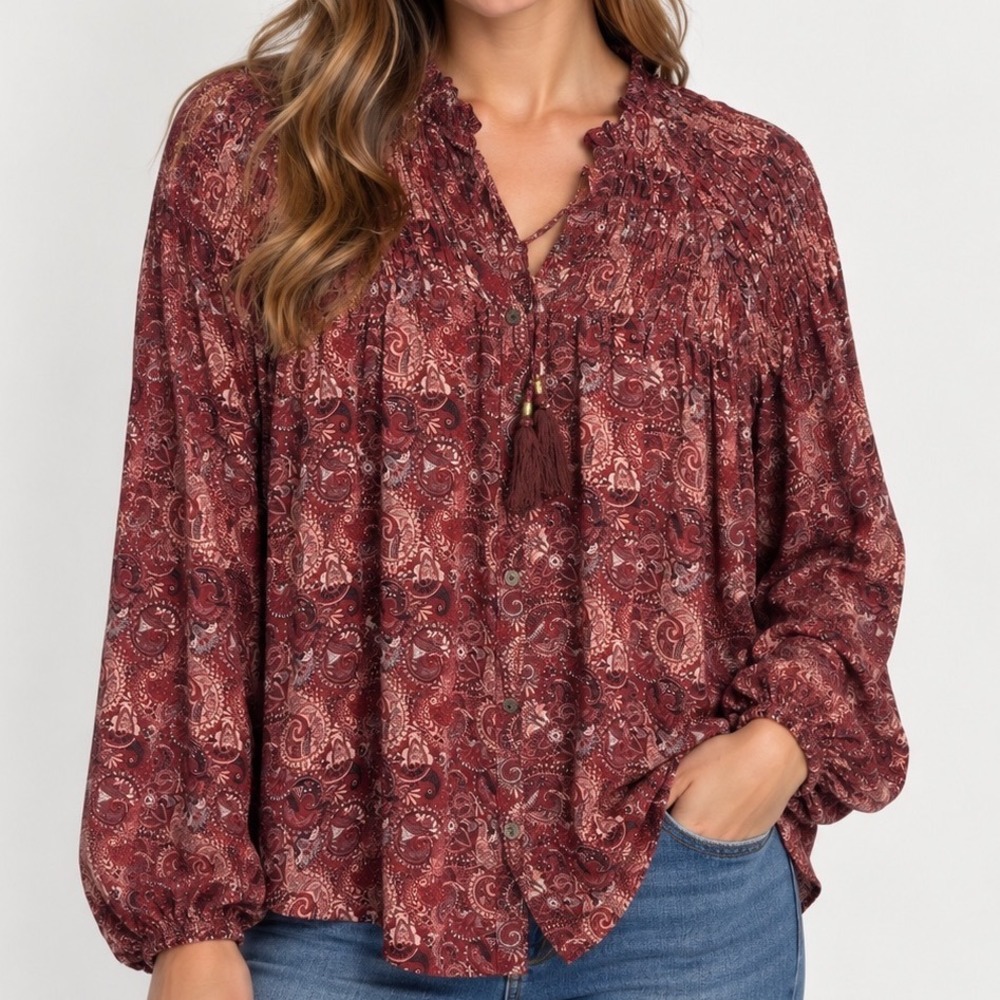 Knox Rose Paisley Peasant Blouse Small Boho Smocked Tassel Tie Button Front